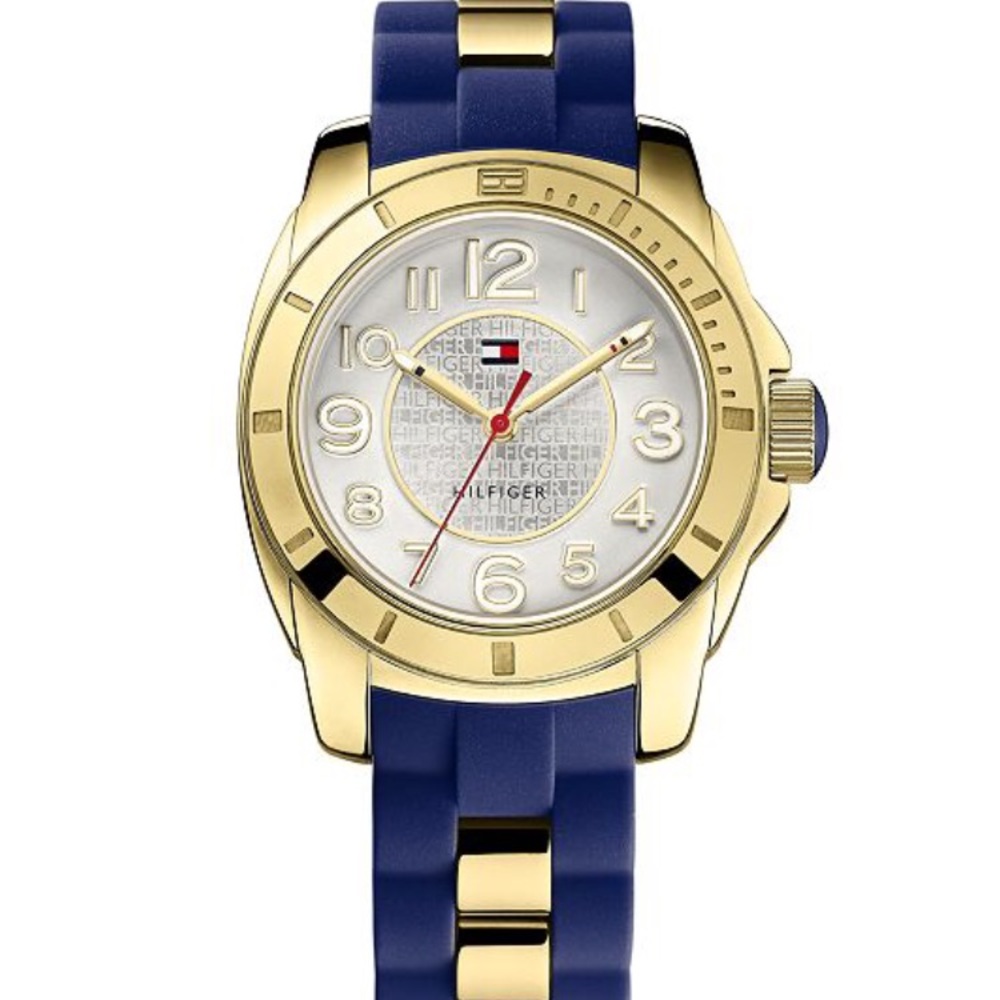 New w box Tommy Hilfiger 38 mm blue& gold silicone